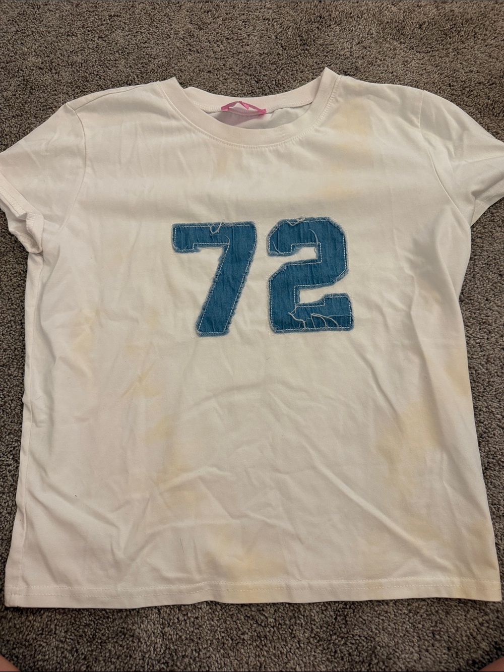 MINOR BLEACH STAIN White Tee with Blue '72' Applique - Unbranded